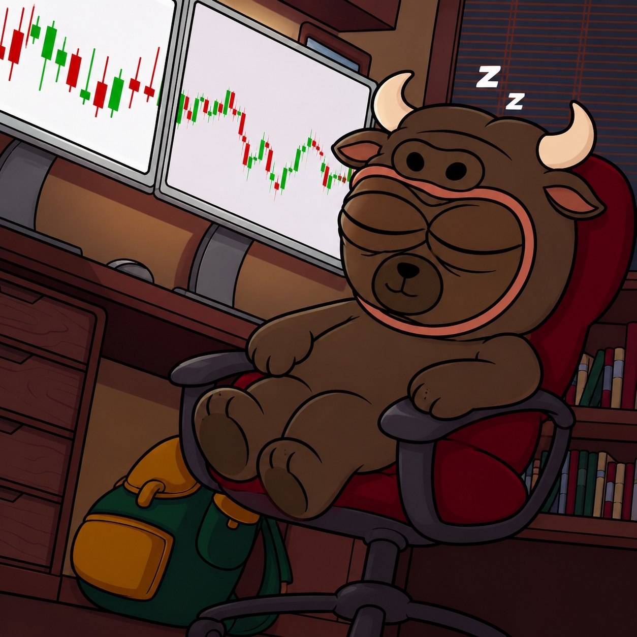 Bubo resting near trading charts